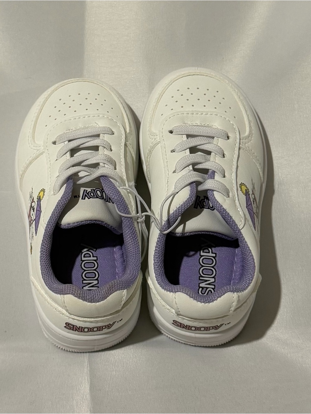 Kids White Snoopy Sneakers with Lavender Lining